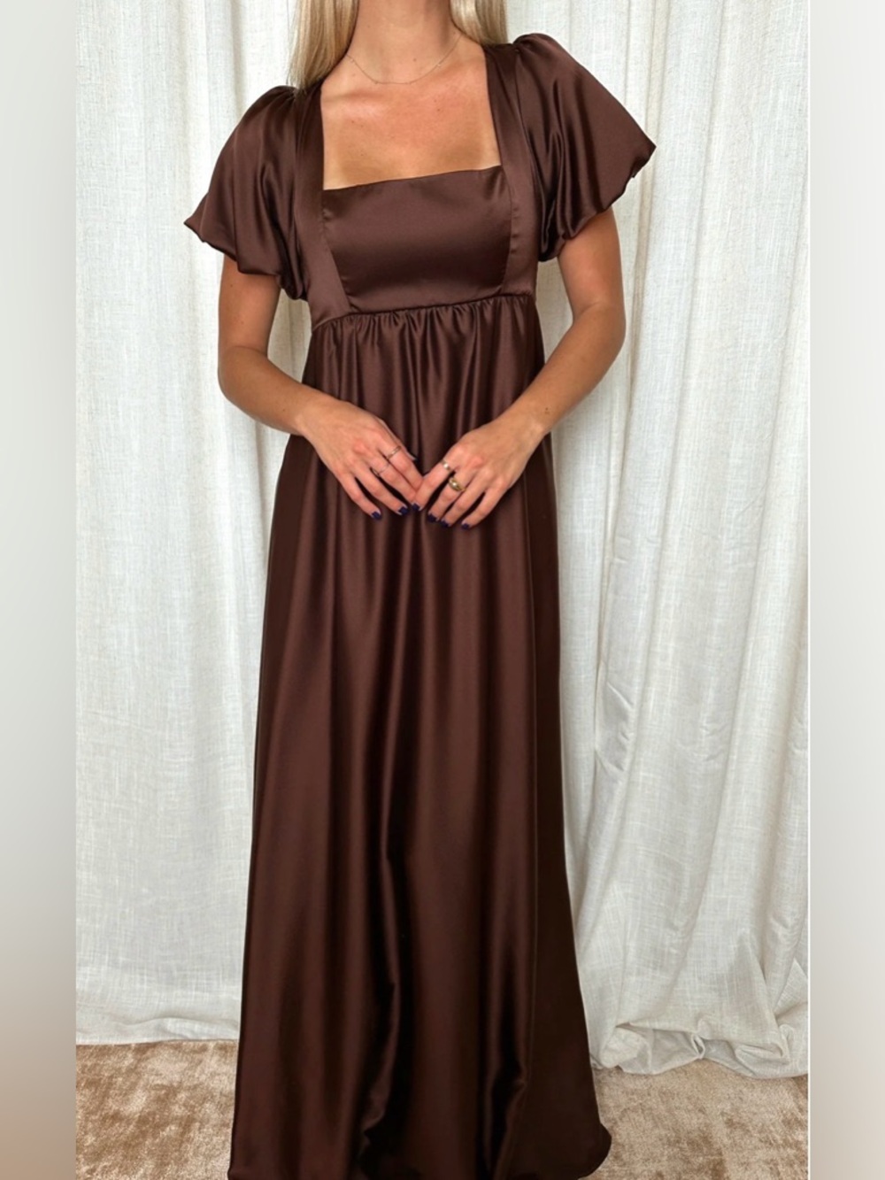 Show Me Your Mumu Nora Maxi Dress in Chocolate Luxe Satin
